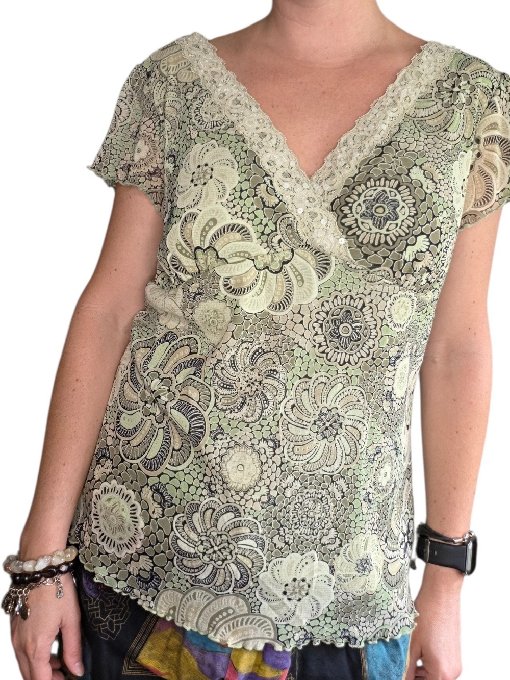 Y2K Lace + Sequin Trim Floral V-Neck Top in Light Green Fairycore Size Large